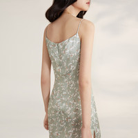 纳薇(naivee)夏季漫夏度假抽褶显瘦显白蝴蝶兰碎花吊带连衣裙女 蜜瓜绿 L 165/88A