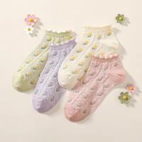 【精梳棉田园花卉】4双装花边不掉跟耐穿耐磨提花短袜女士袜子女