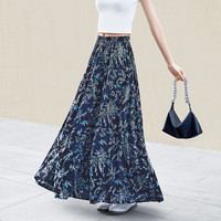 她池复古半身裙2025春夏女优雅撞色印花松紧腰大摆长裙 深蓝花色 S