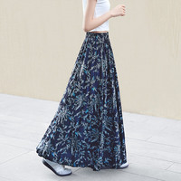 她池复古半身裙2025春夏新款女优雅撞色印花松紧腰大摆长裙