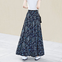 她池复古半身裙2025春夏女优雅撞色印花松紧腰大摆长裙 深蓝花色 L
