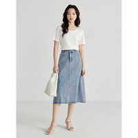 茵曼法式马面牛仔半身裙女夏复古中高腰高级A字伞裙子 浅牛仔 L