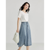 茵曼法式马面牛仔半身裙女夏复古中高腰高级A字伞裙子 浅牛仔 S 