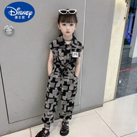 迪士尼女童夏装套装2024韩版儿童装中大童夏季洋气女孩时髦两件套潮 杏色 盘扣长裤套装 130码(参考年龄7-8岁)(参考年龄7