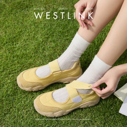 西遇 运动玛丽珍鞋女2026新款夏季魔术贴休闲厚底芭蕾鞋黄色德训鞋 黄色
