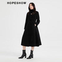 红袖冬季女装 系带A字正肩翻领长款双面呢89323410808 黑050 XL