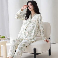 ROVO纯棉月子服女夏季薄款长袖套装带胸垫大码睡衣产后家居服