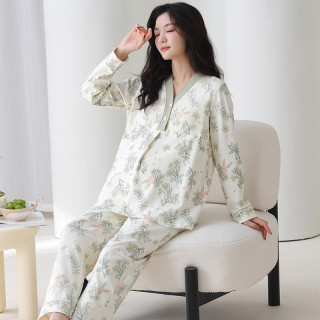 ROVO纯棉月子服女夏季薄款长袖套装带胸垫大码睡衣产后家居服