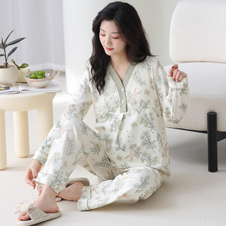 ROVO纯棉月子服女夏季薄款长袖套装带胸垫大码睡衣产后家居服