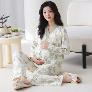 ROVO纯棉月子服女夏季薄款长袖套装带胸垫大码睡衣产后家居服
