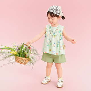 笛莎童装女童套装2025年夏季小女孩水果印花短裤套装 绿印花 140