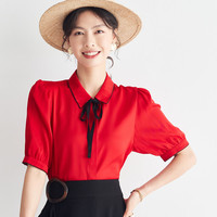 帕罗(PALUOPO)2025夏季气质减龄法式蝴蝶结系带真丝衬衫女装上衣 红色 3XL (175/100A)