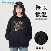 真维斯（JEANSWEST）连帽卫衣女秋冬季加绒外套女上衣潮流ins印花宽松百搭装 黑色 M