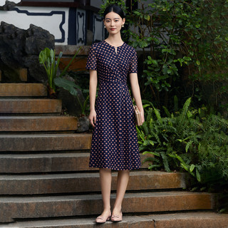 NAERSI/娜尔思夏季优雅气质印花圆领裙子A字裙短袖连衣裙