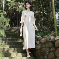 香影 X.YING新中式国风连衣裙女2025夏季新款白色刺绣提花斜襟旗袍风裙子 米白 165/88A/110-125斤