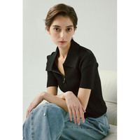 DEMMOV戴檬黑色短款针织开衫女2025夏坑条肌理感修身短袖T恤