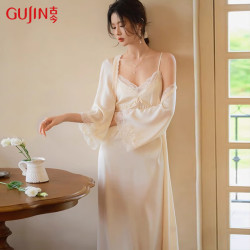 古今 春夏性感冰丝睡袍带胸垫睡衣女家居服睡裙仿真丝晨袍套装L