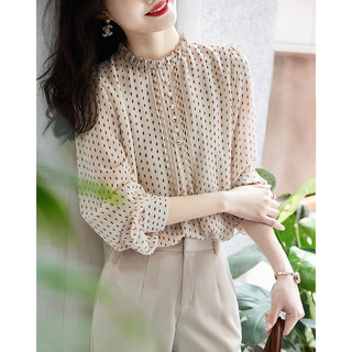 德玛纳（dme）【波点泡泡袖衬衫】春秋季立领合体长袖通勤衬衣女装上衣 杏色 S