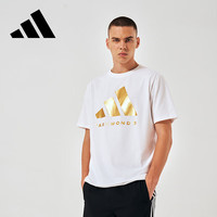 adidas 阿迪达斯 短袖男2025春夏季休闲运动透气轻薄圆领T恤 白/金（棉质）