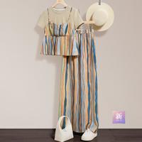 【时尚休闲条纹套装】2025夏装新女士上衣搭裤子两件套有大码