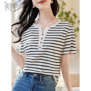 初申夏季短袖T恤女时尚小V领条纹休闲百搭打底上衣S143T1543 L 白色短袖