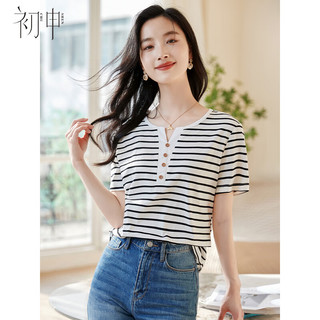 初申夏季短袖T恤女时尚小V领条纹休闲百搭打底上衣S143T1543