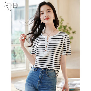 初申夏季短袖T恤女时尚小V领条纹休闲百搭打底上衣S143T1543 L 白色短袖