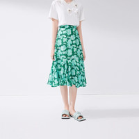 秋水伊人A字高腰印花半身裙2024夏季女装浪漫油画显瘦裙子 绿色 M