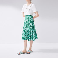 秋水伊人A字高腰印花半身裙2024夏季女装浪漫油画显瘦裙子 绿色 XL