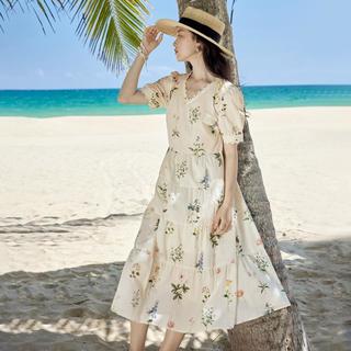 纯棉法式浪漫植物碎花连衣裙2025夏季海边度假花边V领A字裙
