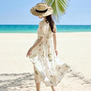 纯棉法式浪漫植物碎花连衣裙2025夏季海边度假花边V领A字裙
