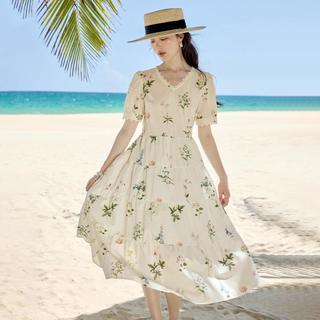 纯棉法式浪漫植物碎花连衣裙2025夏季海边度假花边V领A字裙