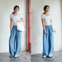 森马（Semir）森柔牛仔|牛仔裤女松紧腰垂感裤2025夏季凉感阔腿裤109325124005 XL 牛仔蓝80317