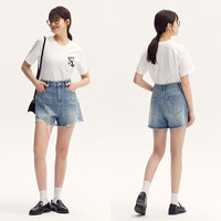 森马（Semir）牛仔裤女宽松美式热裤酷飒风夏街头毛边短裤复古辣妹103324122010 28 牛仔中蓝88201