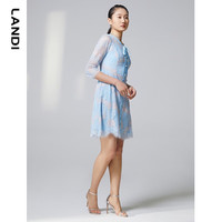 蓝地(ANDI)系带圆领撞色蕾丝连衣裙女春季新款七分袖收腰短裙