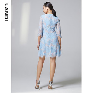 蓝地（LANDI）系带圆领撞色蕾丝连衣裙女春季七分袖收腰短裙 浅蓝色 S
