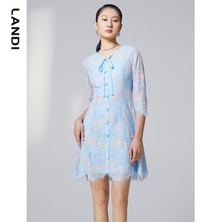 蓝地（LANDI）系带圆领撞色蕾丝连衣裙女春季七分袖收腰短裙 浅蓝色 S