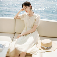 香影 X.YING气质印花连衣裙女2025夏装新款色泡泡袖圆领中长绝美裙子 160/84A/95-110斤