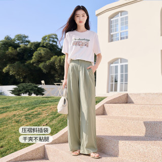 香影 绿色阔腿裤子女高腰2025夏装松弛感拖地裤 果绿 M 160/84A/95-110斤