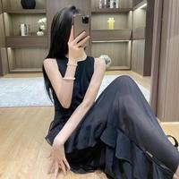 显瘦吊带无袖设计感半透网纱荷叶边连衣裙