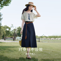 香影 X.YING波西米亚度假风蓝色碎花衬衫女夏2025新款含亚麻圆领上衣小衫 半身裙 170/92A/125-140斤