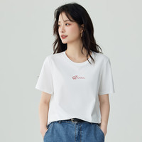 茵曼纯棉舒适logo绣花短袖T恤女2025夏季时尚百搭休闲上衣 白色新  XL