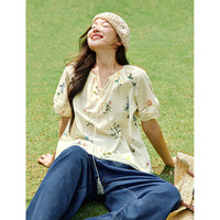 茵曼法式碎花系带流苏圆领衬衫2025夏季女装新款度假风泡泡袖衬衣