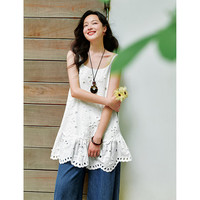 茵曼淡人穿搭花朵镂空刺绣荷叶边衬衣2025夏季女装度假风上衣 云朵白 S