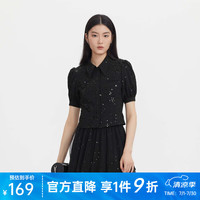 S.DEER圣迪奥女装甜美方领绣花泡泡袖衬衫S23260403 黑色/91 XL 175