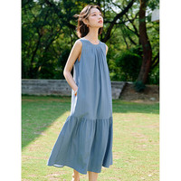 茵曼度假风肌理无袖背心连衣裙夏季女装休闲宽松拼接裙子浅牛仔蓝S