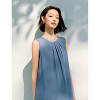 茵曼度假风肌理无袖背心连衣裙夏季女装休闲宽松拼接裙子浅牛仔蓝  M