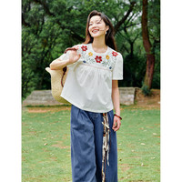 茵曼甜美花朵刺绣衬衣2025夏季女装新款淡人穿搭短袖娃娃衫