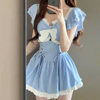 九寸阳光连衣裙式泳衣女连体新款少女纯欲风收腰保守泳装温泉度假泳衣 连体泳衣【蓝色】 L (100-112斤)