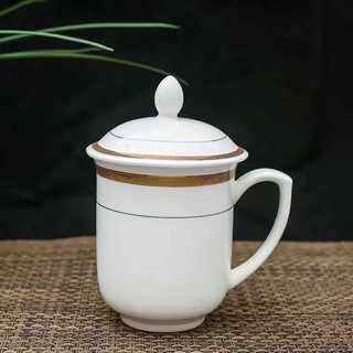 页川百世（YeChuan Best） 景德镇带盖茶杯陶瓷马克杯水杯家用办公宾馆酒店开会公司商务会议杯 会议杯黄金线（400ML）